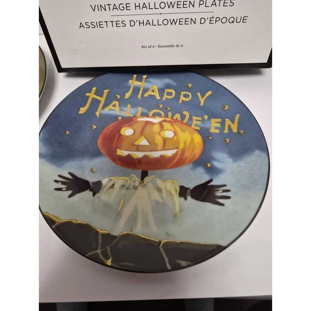 Williams-Sonoma Vintage Halloween Salad Dessert Plates Set of 4 Pumpkn black Cat